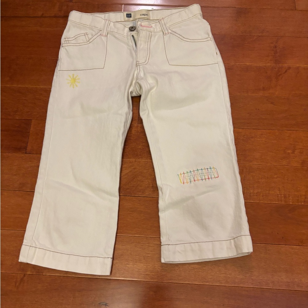 Gap Girls‎ Capri Pants Size 10 White Denim Embroidered Sun & Patchwork